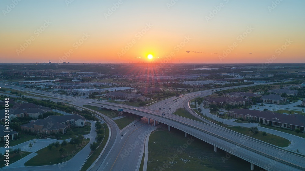 Aufkleber a highway interchange at dawn with the first rays of sunlight illuminating the roads.