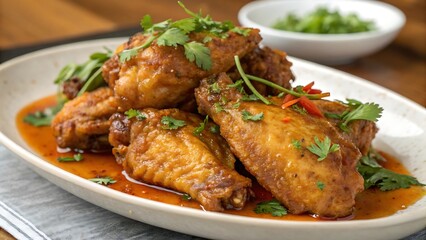 Fototapeta premium Golden Fried Chicken Wings with Fish Sauce and Fresh Herb Garnish