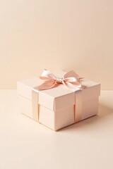 A delicately presented gift box, tied with a pale ribbon bow, rests on a soft, neutral background