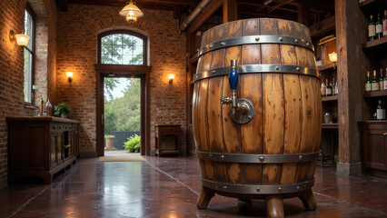 Wooden beer barrel with tap in rustic brewery interior

