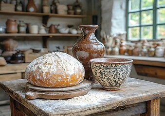 Rustic bread, pottery, historic kitchen