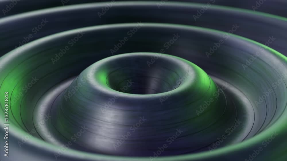 Poster concentric metallic rings pulsating with subtle green luminescence, creating mesmerizing visual rhyt