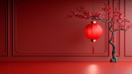 Red Lantern Hanging From Branch on Red Wall