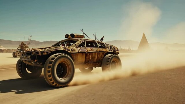 A modified vehicle speeds across the desert at an artistic festival. Concept of: Kinetic expression.