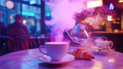 Steaming aromatic beverage with a fresh pastry in a vibrant cafe setting