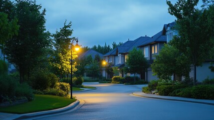 Obraz premium A quiet suburban road lined with streetlights and green trees at dusk.