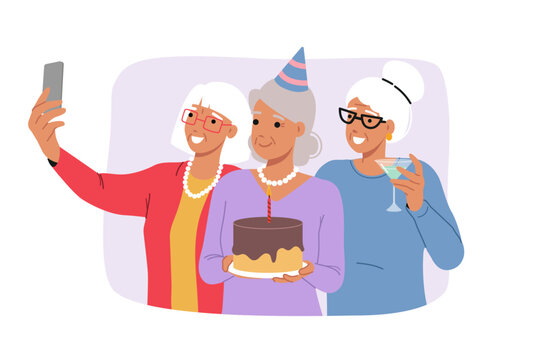 Birthday celebration of elderly woman holding cake and posing for selfie with friends. Birthday party for gray lady, who leads active lifestyle and does not lose heart after old age
