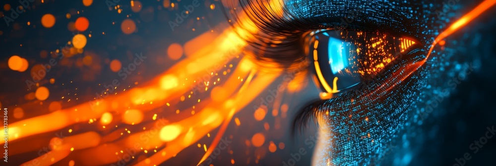 Poster close up view of human eye with network scanner. iris recognition, technology, security concept.