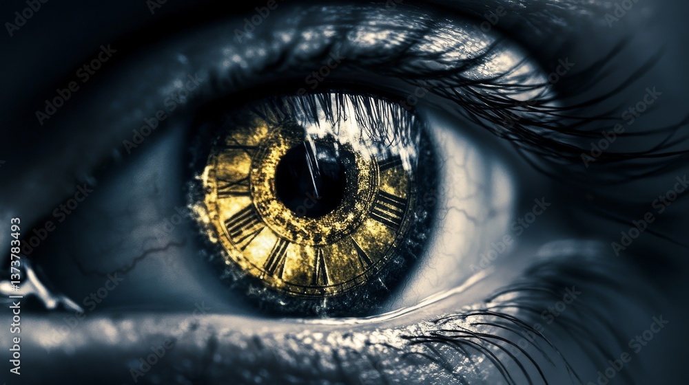 Poster Artistic close-up of an eye with a golden hue and clock face in the iris, symbolizing the concept of time. This visually captivating image merges human perception with timelessness, evoking feelings