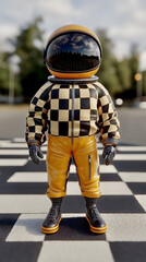 Obraz premium Colorful astronaut in a checkered outfit standing on a crosswalk in a futuristic cityscape during daytime
