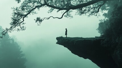 A person stands on a cliff, shrouded in mist and framed by the branches of a sprawling tree, creating an evocative scene of reflection and nature's beauty in solitude.. AI Generation