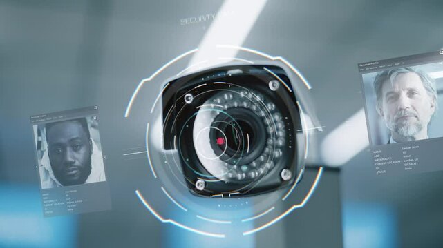 Advanced Airport Security: Close Up of Security Camera with Automatic Facial Recognition Scanning Technology at Passport Border Control. 3D Visualization of AI Biometric Identification of Passengers.