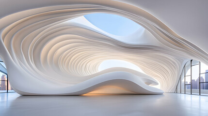White Curvilinear Architectural Interior with City Views