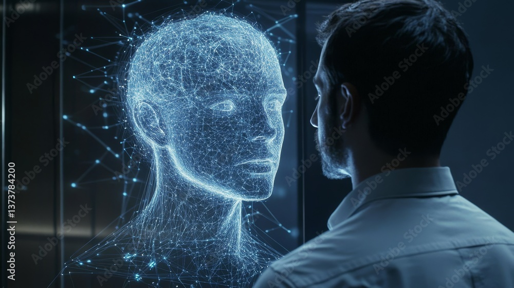 Poster a man gazes thoughtfully at a digital human head hologram filled with neural connections, representi