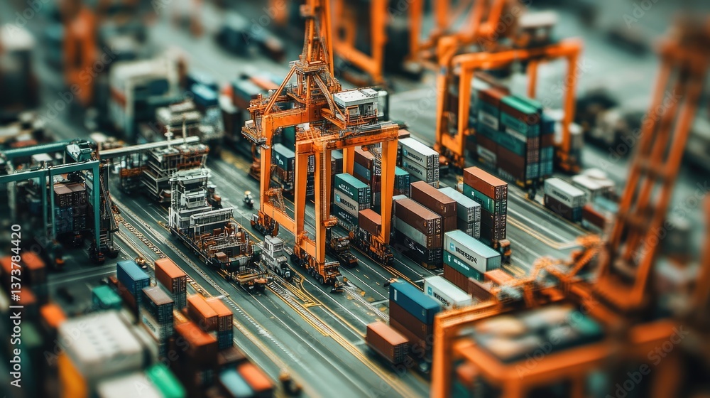Poster a shipping yard with cranes loading and unloading cargo containers.