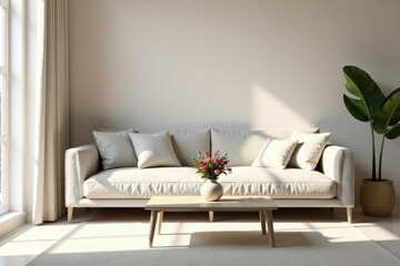 Serene living room interior design with light beige sofa, wooden coffee table, and fresh flower arrangement