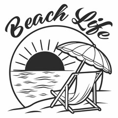 Beach Life: Sunset, Deck Chair, and Umbrella Illustration