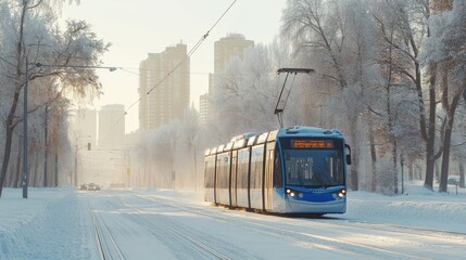 Obraz premium A tram moving through a quiet snow-covered city street on a winter morning.