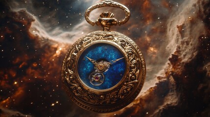 A beautifully crafted golden pocket watch with intricate detailing set against a cosmic galaxy backdrop. Ideal for themes of time, fantasy, and the universe.. AI Generation