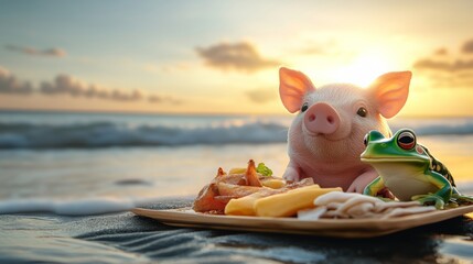 Pig is sitting on a tray of food on a beach. The pig is smiling and the food is a mix of fries and cheese. The scene is playful and lighthearted, with the pig