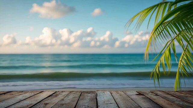 Empty wooden table and palm leaves with a blurred background of a beach party.
