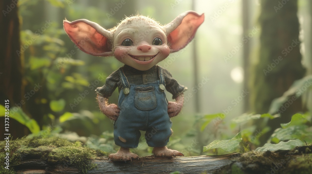 Poster Charming fantasy creature with oversized ears and friendly smile stands confidently on a mossy log amidst a lush forest backdrop, evoking wonder and enchantment.. AI Generation