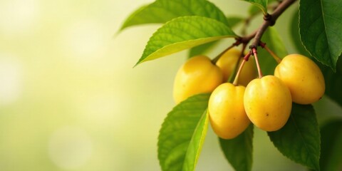 Close-up view of ripe yellow fruit clustered on a branch with vibrant green foliage, bathed in soft sunlight