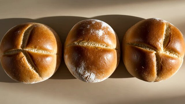 Freshly baked bread rolls on a beige backdrop, overhead view.