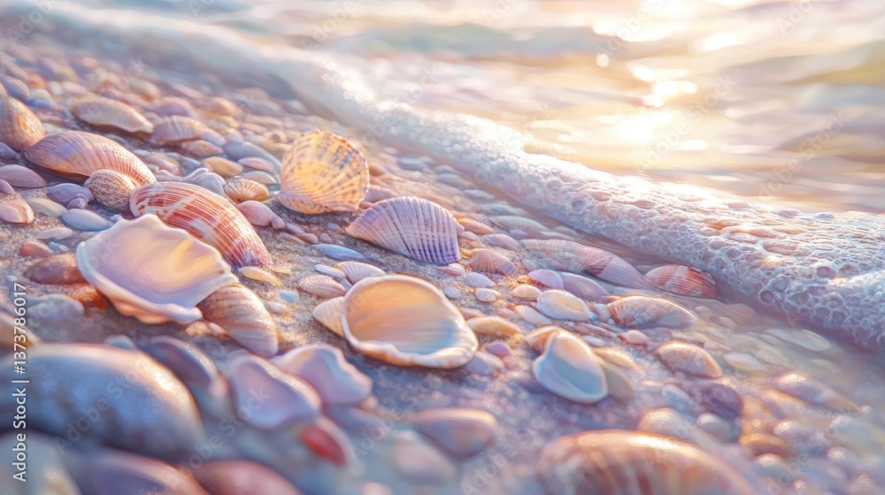 Poster delicate seashells and smooth pebbles touched by gentle ocean waves under soft sunlight. this scene 