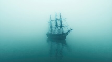 Fototapeta premium A vintage pirate ship replica floating in an old harbor with misty surroundings.