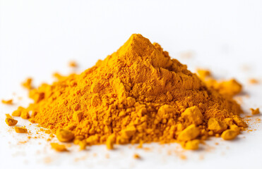 Small Pile of Turmeric Powder on White Background High-Resolution Stock Photo for Culinary, Herbal, and Organic Ingredient Design