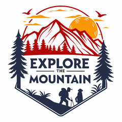 Explore the Mountain: Hiking Couple Silhouette Badge Design