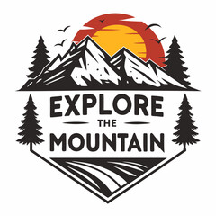 Explore the Mountain: Vintage Sunset Mountain Landscape Badge Design