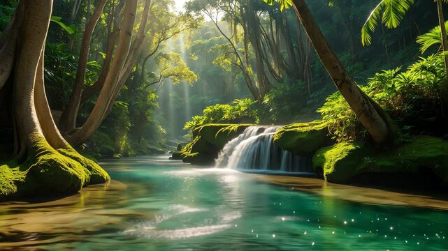 A serene stream meanders through the woodland, its calm flow producing a comforting tune. Sunlight seeps through the trees, creating mottled illumination on the glistening water.