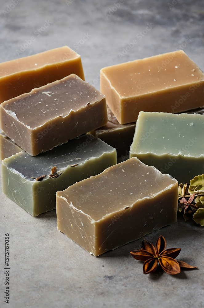 Poster assorted handmade soaps arranged on a gray surface with natural textures and muted colors for a calm