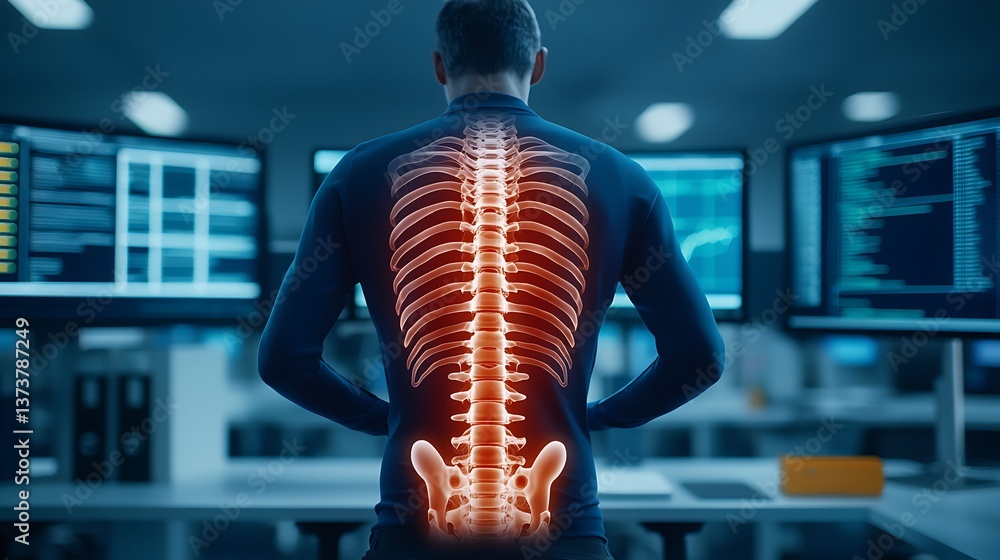 Poster a man stands in front of computer screens, showcasing a glowing spine graphic on his back, highlight