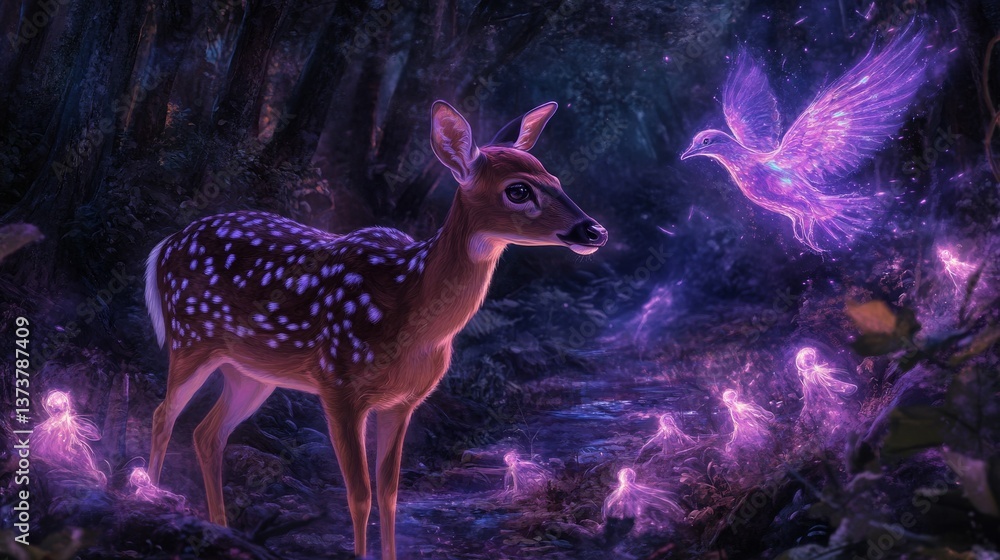 Poster a captivating fawn stands in a forest shrouded in deep purples, surrounded by glowing spirits and an