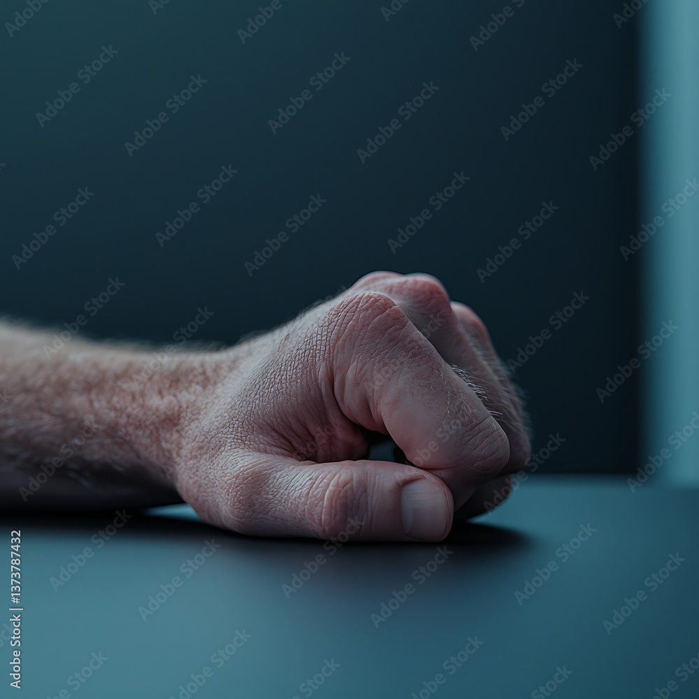 Poster a close-up of a clenched hand resting on a flat surface, emphasizing texture and detail against a mu