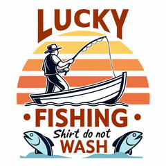 Fototapeta premium Lucky Fishing Retro Sunset T-Shirt Design, Fisherman in Boat