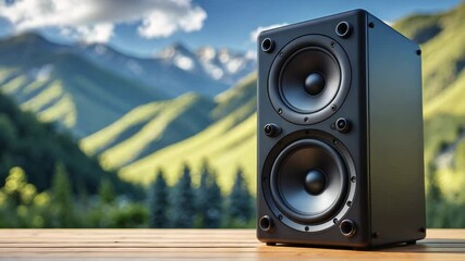 Acoustic sound speakers set against a mountain nature backdrop. Multimedia, audio, and sound concept. Blank space available. The musical equipment. Close-up view.