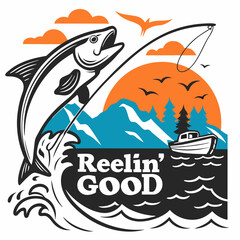 Reel Good Fishing:  Sunset Catch with Boat and Mountains