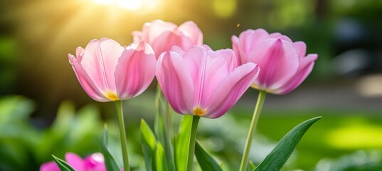 Obraz premium Close Up of Pink Tulip Flowers with Soft Sunlight, Shallow Depth of Field, Creamy Bokeh Background