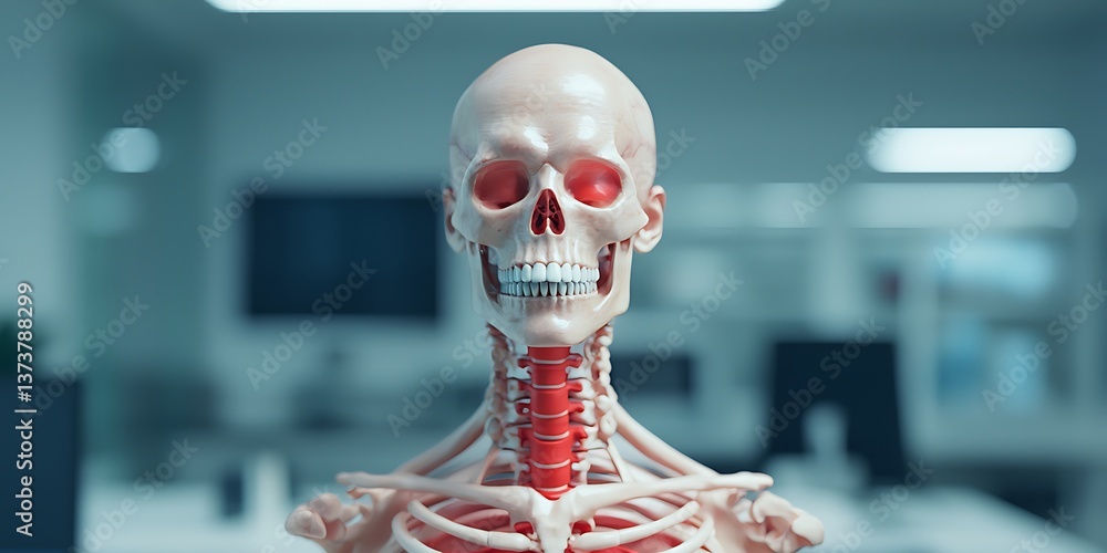 Poster a detailed anatomical model of a human skeleton displayed in a modern office environment, emphasizin