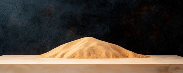 A mound of fine sand sits on a wooden surface against a dark textured backdrop, creating a minimalist and serene composition.