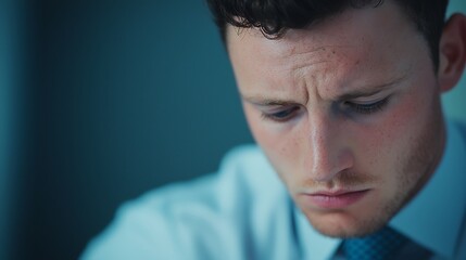 A close-up of a man with a furrowed brow, looking serious and contemplative, dressed in formal attire with a blurred background.