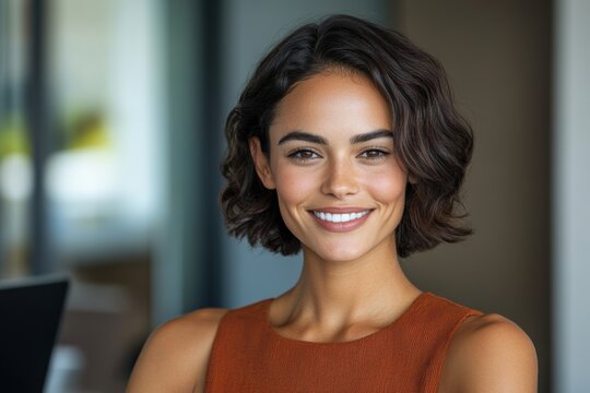 financial consulting session, confident female financial advisor smiling while reviewing market report in a corporate office surrounded by charts and laptop