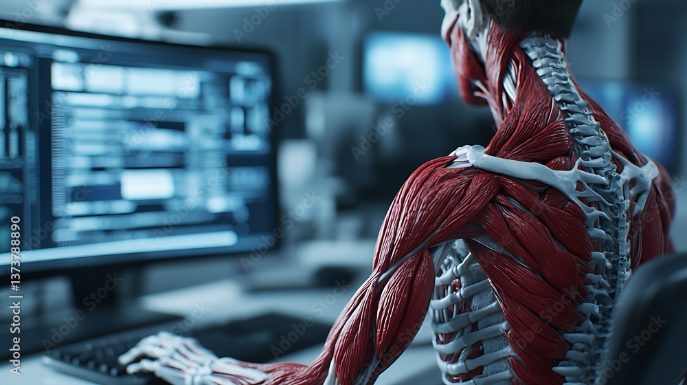 Poster a detailed anatomical model with visible muscles interacts with a computer screen, blending technolo