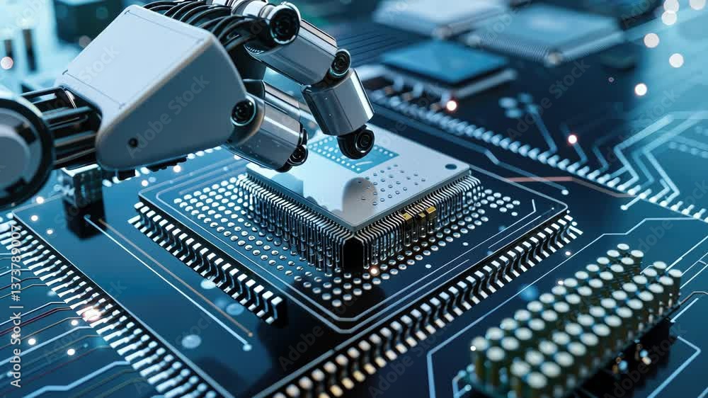 Poster robotic arm meticulously places a microprocessor onto a circuit board in a cutting-edge technology l