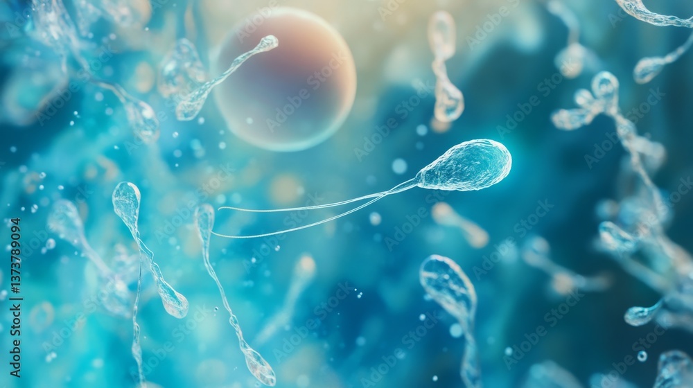 Poster detailed 3d render depicting active sperm cells swimming towards an ovum in a fluid environment, cap