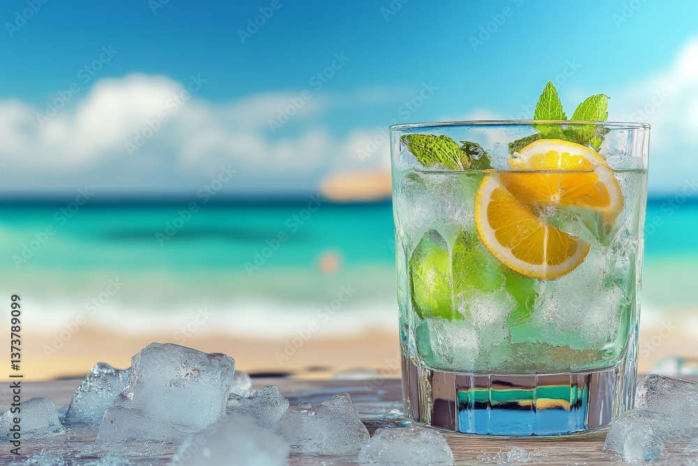 Poster glass of lemonade with ice cubes and a slice of lime. the glass is on a table by the ocean